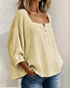 Arianne | Women's Square Neck Blouse 3/4 Puff Sleeve Button Top